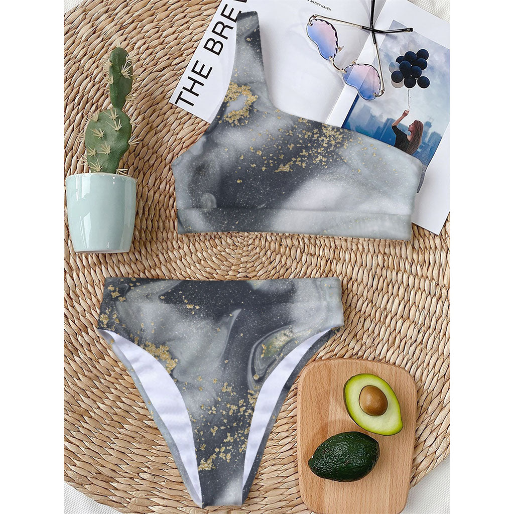 Grey Gold Liquid Marble Print One Shoulder Bikini Top