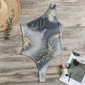 Grey Gold Liquid Marble Print One Shoulder Bodysuit