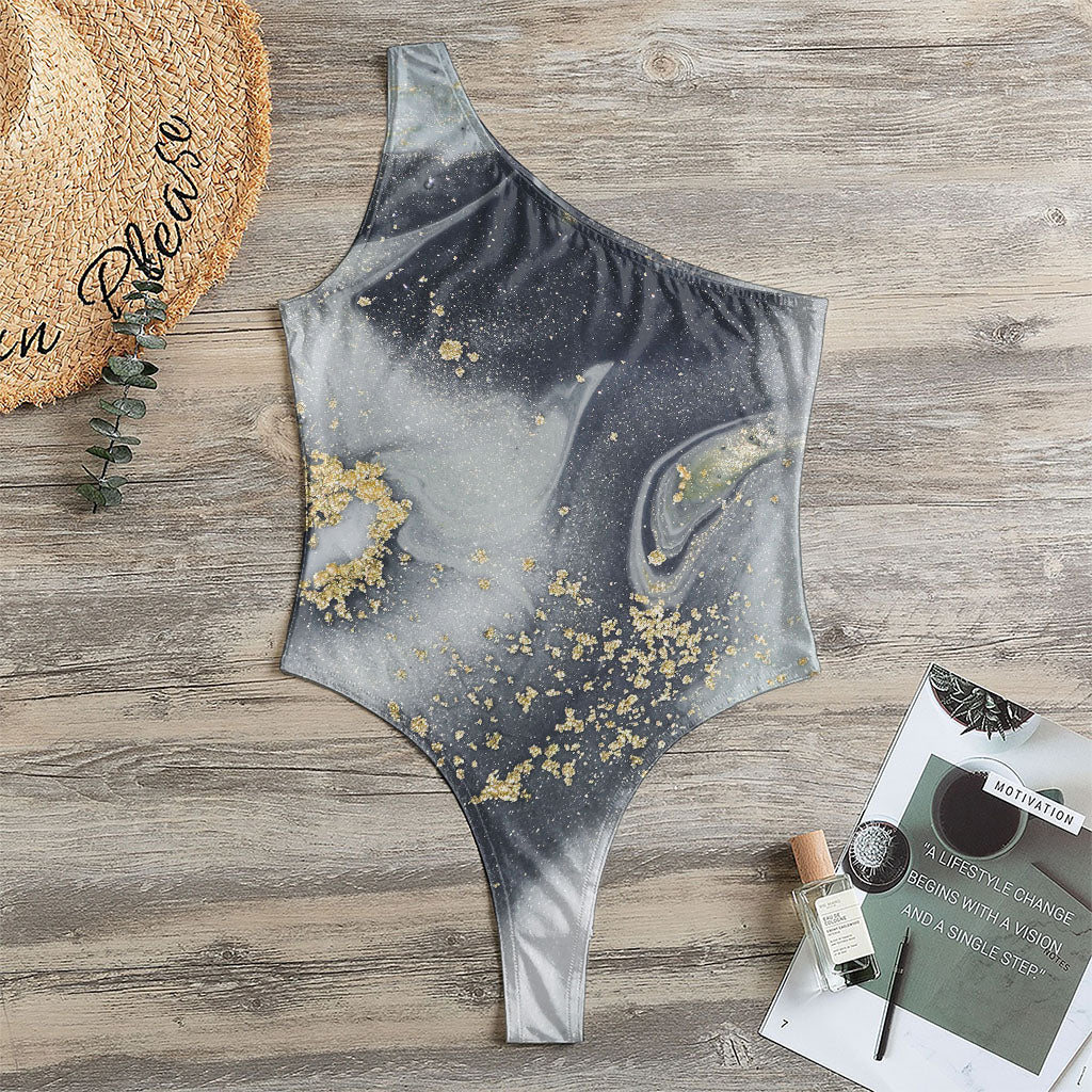 Grey Gold Liquid Marble Print One Shoulder Bodysuit