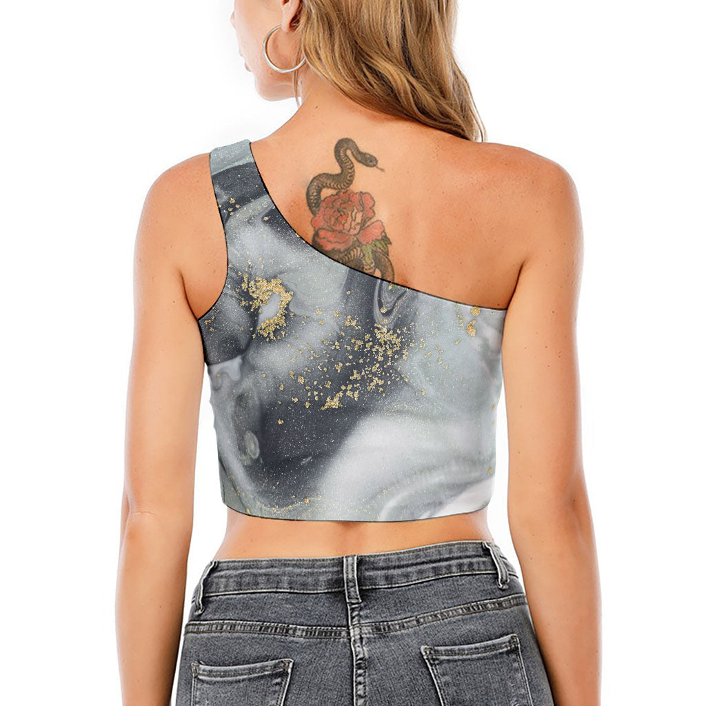 Grey Gold Liquid Marble Print One Shoulder Crop Top