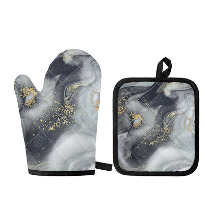 Grey Gold Liquid Marble Print Oven Mitt And Pot Holder Set