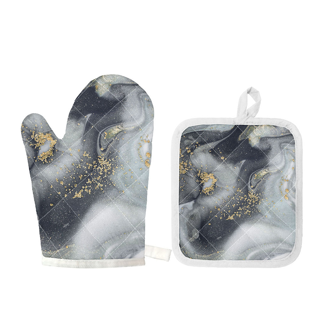 Grey Gold Liquid Marble Print Oven Mitt And Pot Holder Set