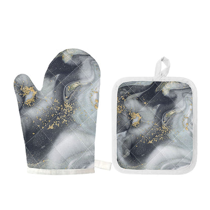 Grey Gold Liquid Marble Print Oven Mitt And Pot Holder Set