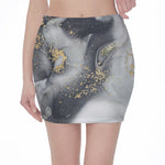 Grey Gold Liquid Marble Print Pencil Mini Skirt