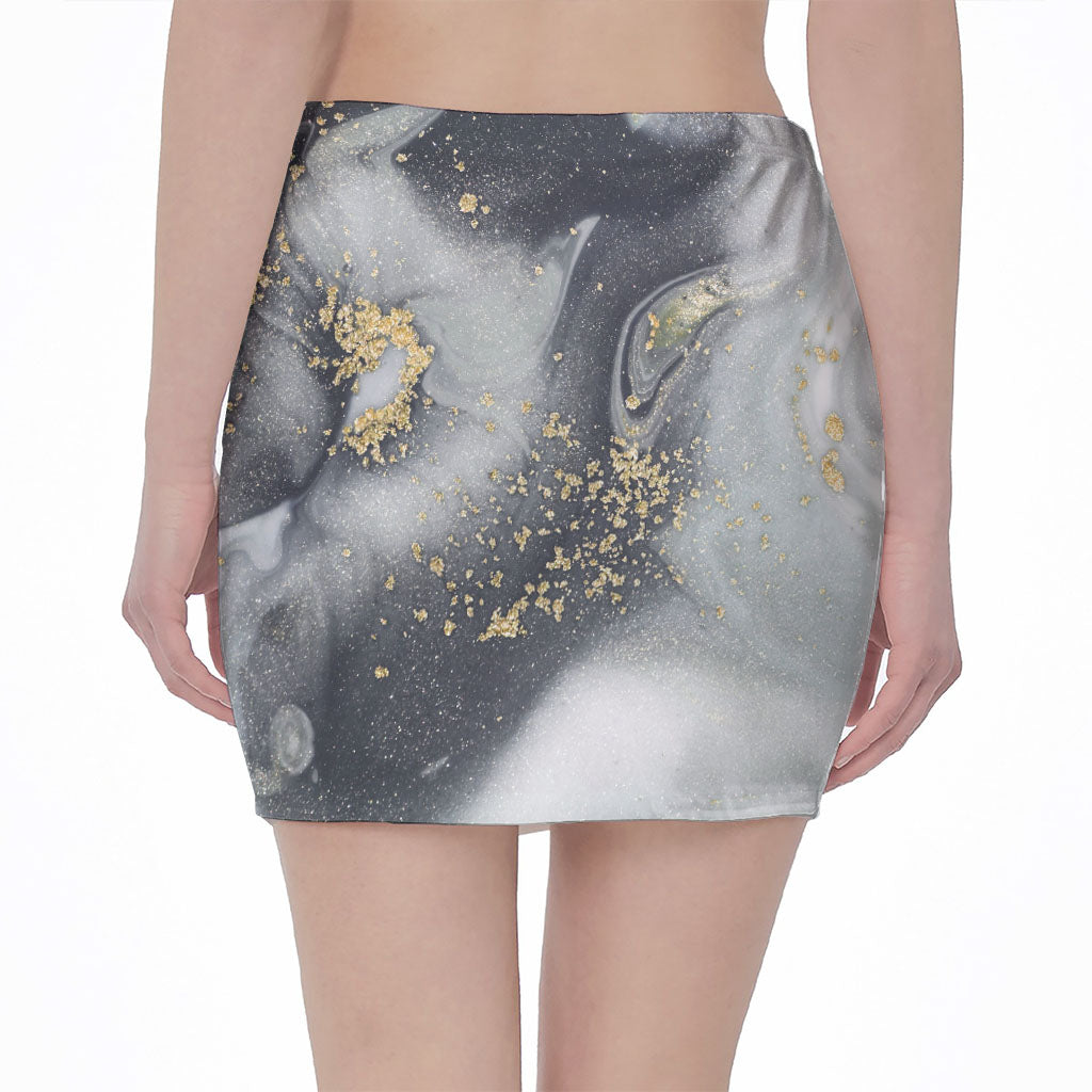 Grey Gold Liquid Marble Print Pencil Mini Skirt