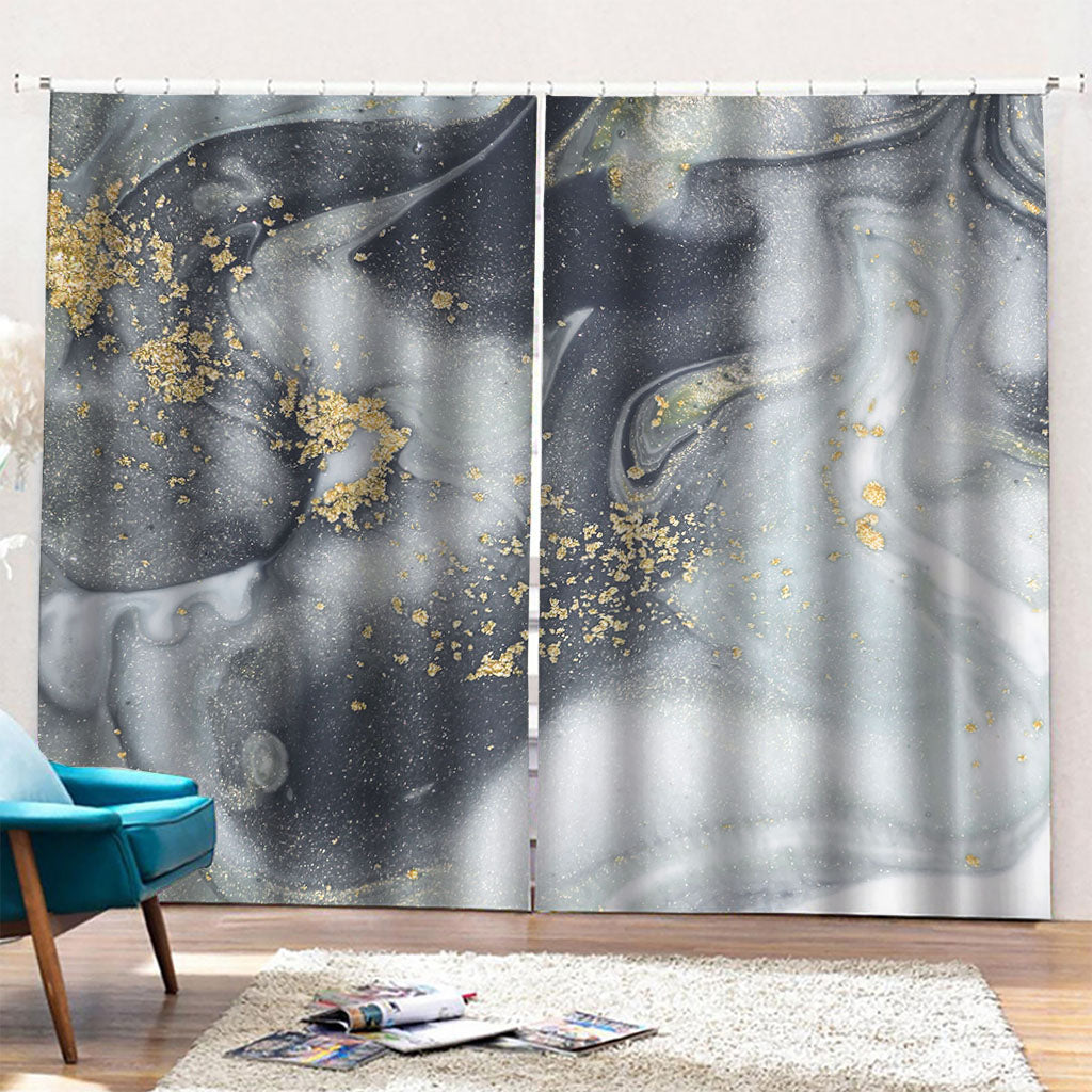 Grey Gold Liquid Marble Print Pencil Pleat Curtains
