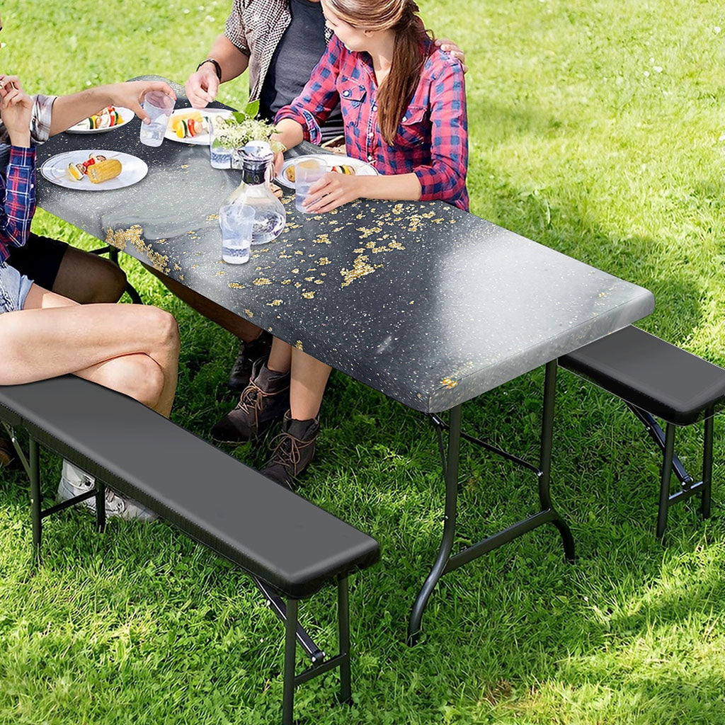 Grey Gold Liquid Marble Print Picnic Table Cover