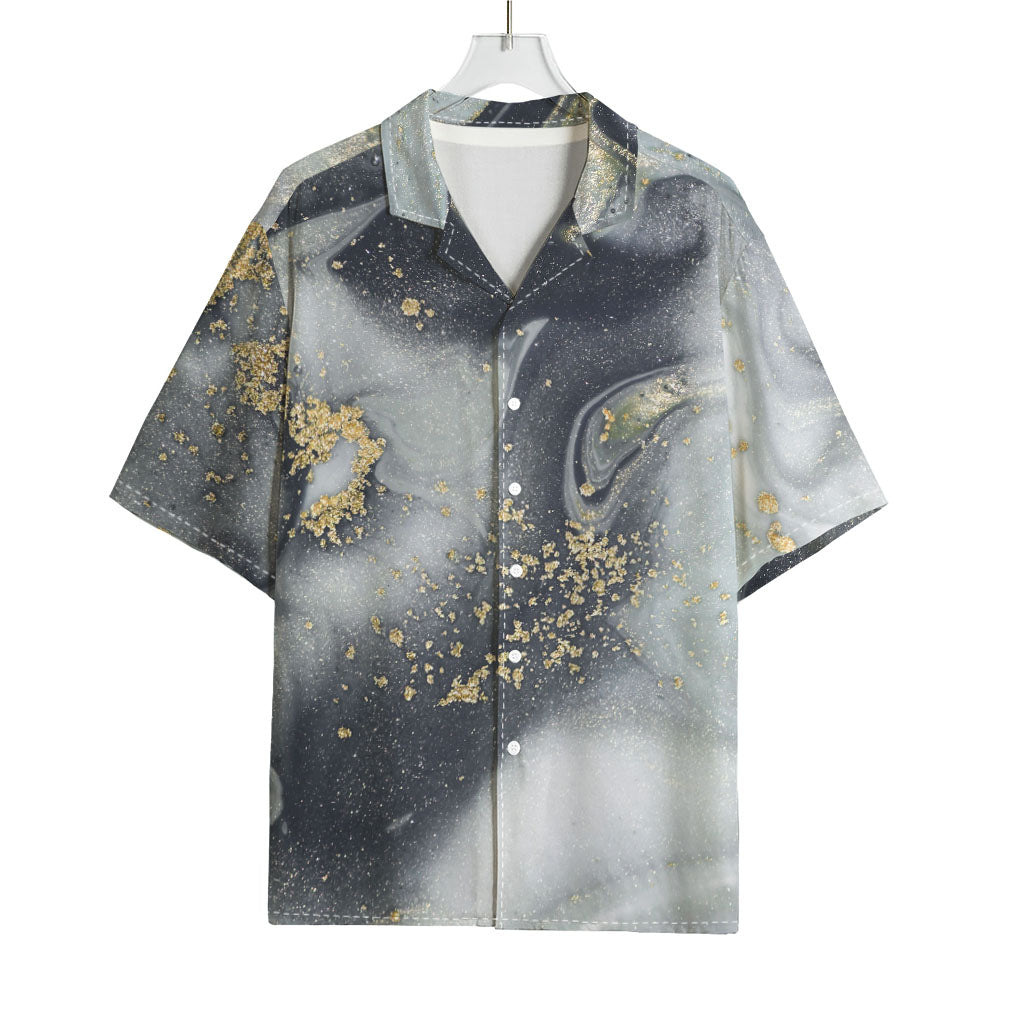 Grey Gold Liquid Marble Print Rayon Hawaiian Shirt