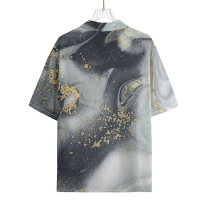 Grey Gold Liquid Marble Print Rayon Hawaiian Shirt
