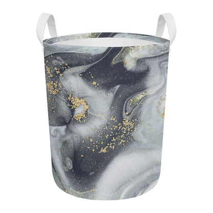 Grey Gold Liquid Marble Print Round Laundry Basket