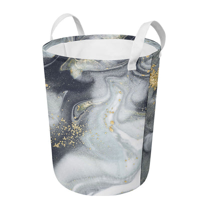 Grey Gold Liquid Marble Print Round Laundry Basket