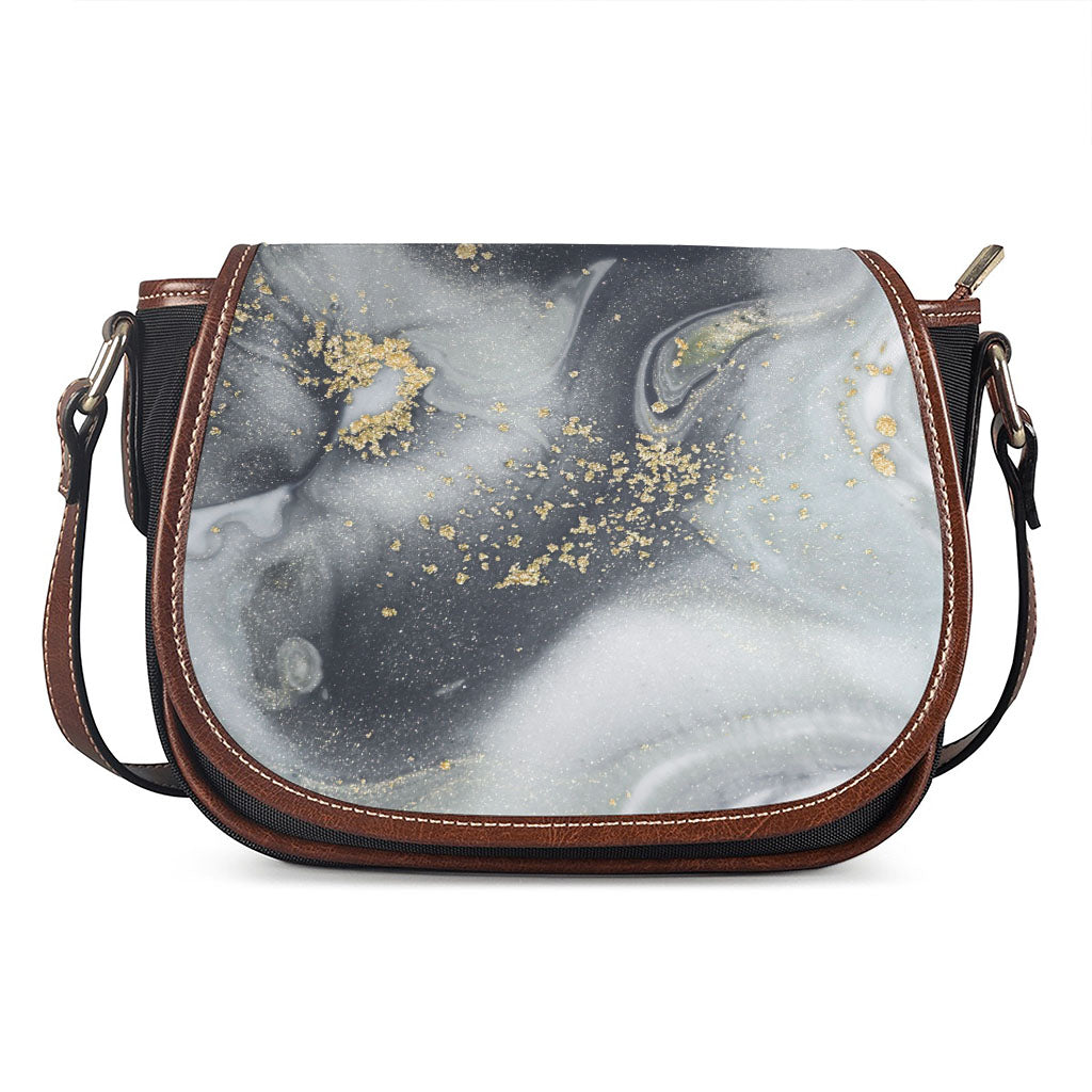 Grey Gold Liquid Marble Print Saddle Bag