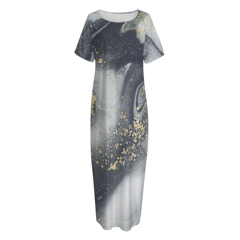Grey Gold Liquid Marble Print Short Sleeve Long Nightdress