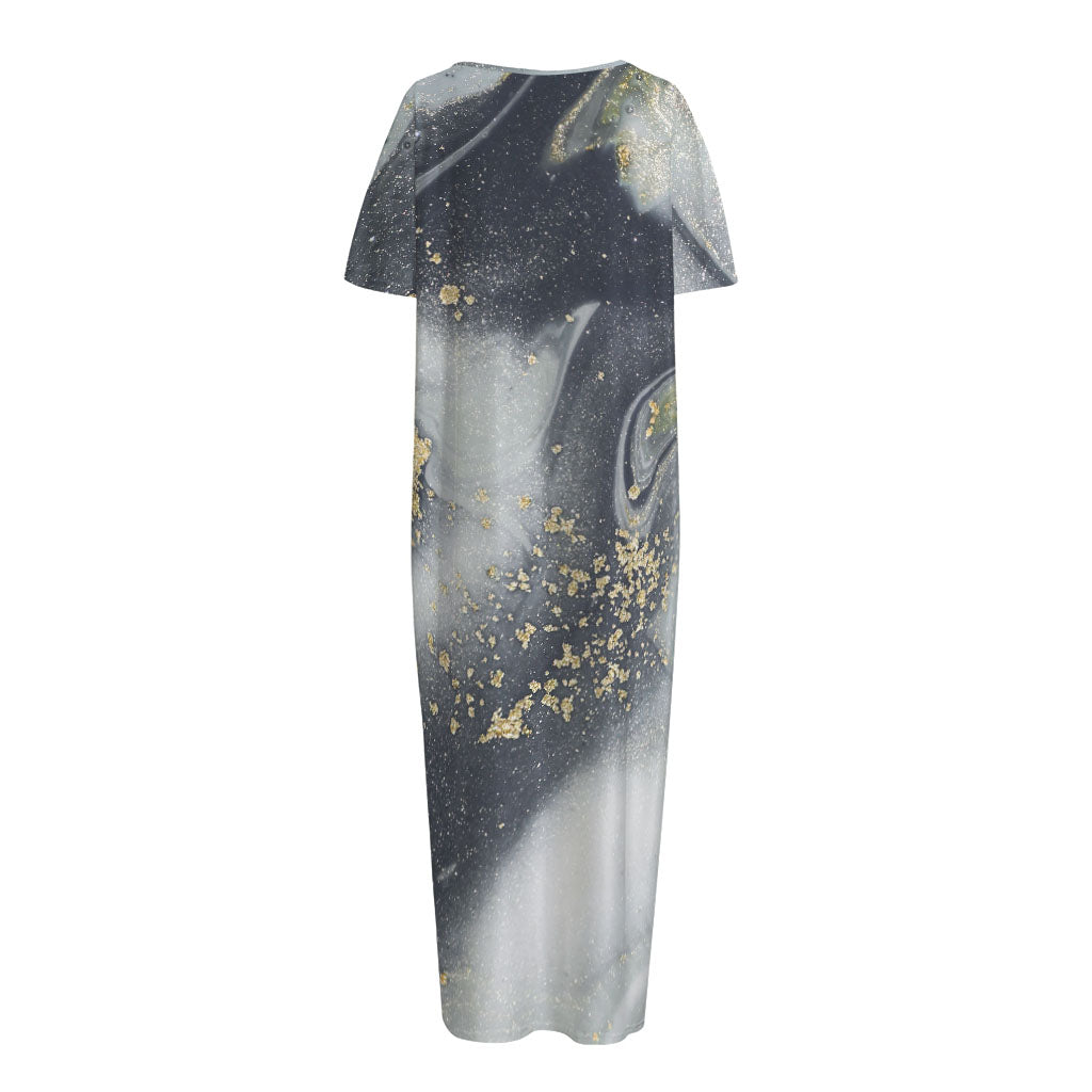Grey Gold Liquid Marble Print Short Sleeve Long Nightdress