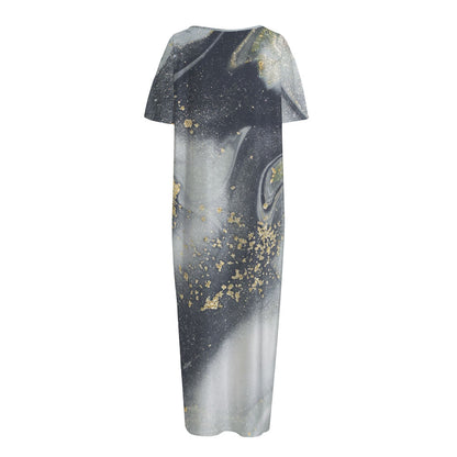 Grey Gold Liquid Marble Print Short Sleeve Long Nightdress