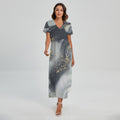 Grey Gold Liquid Marble Print Short Sleeve Maxi Dress