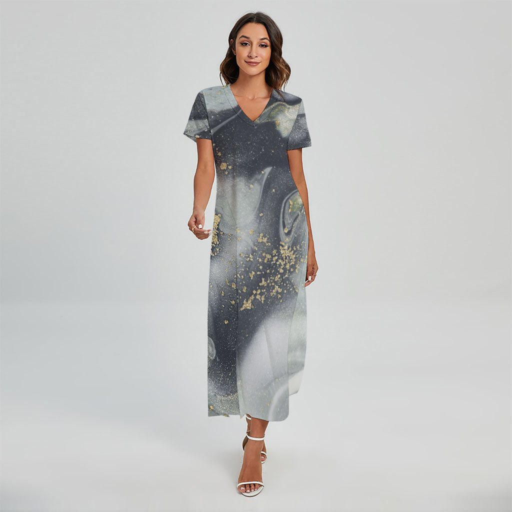 Grey Gold Liquid Marble Print Short Sleeve Maxi Dress