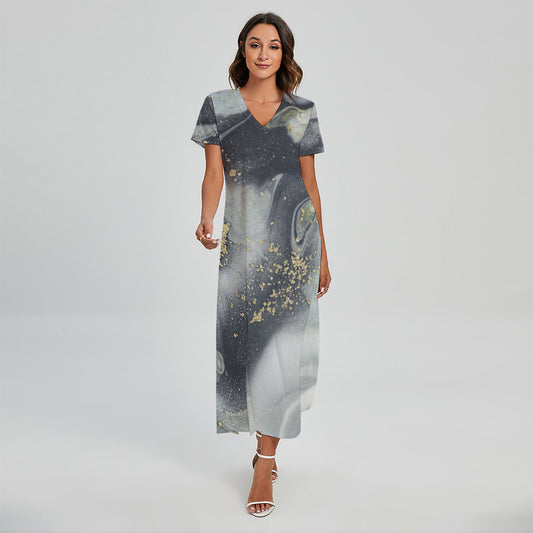 Grey Gold Liquid Marble Print Short Sleeve Maxi Dress