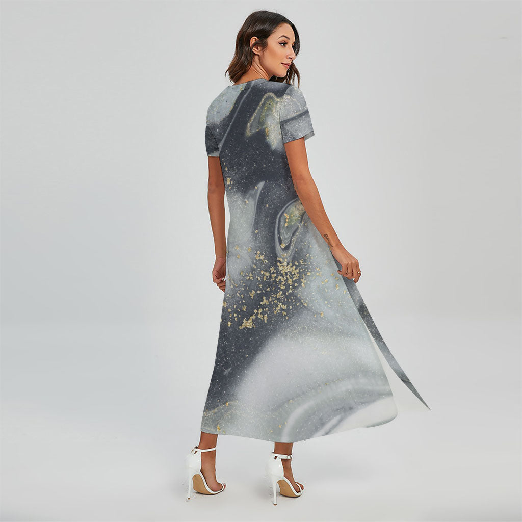 Grey Gold Liquid Marble Print Short Sleeve Maxi Dress