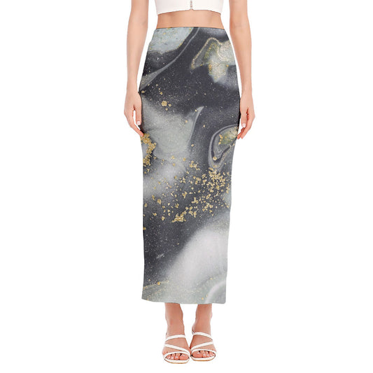 Grey Gold Liquid Marble Print Side Slit Maxi Skirt