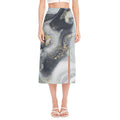 Grey Gold Liquid Marble Print Side Slit Midi Skirt