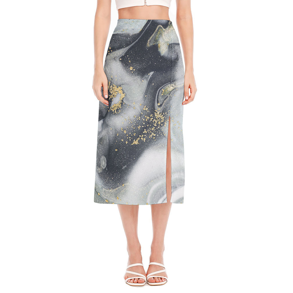 Grey Gold Liquid Marble Print Side Slit Midi Skirt