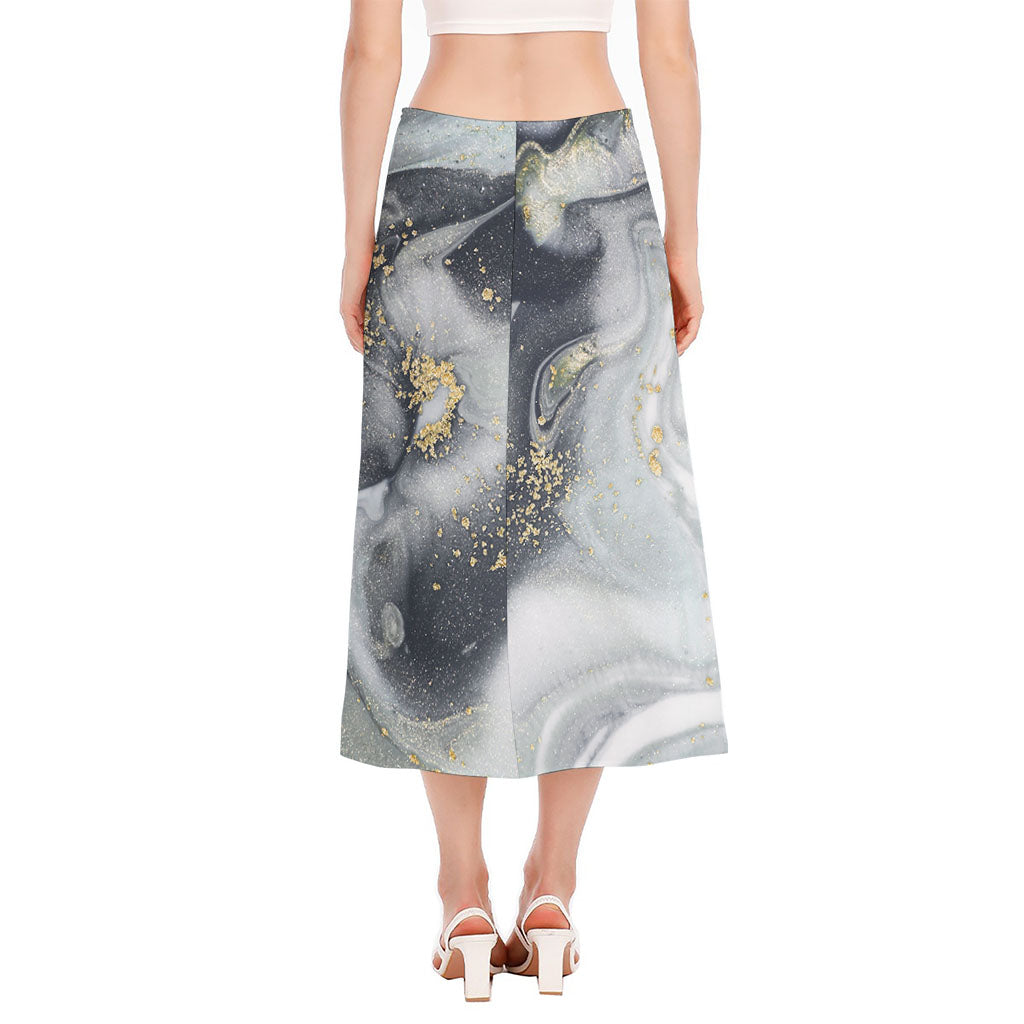 Grey Gold Liquid Marble Print Side Slit Midi Skirt