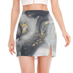 Grey Gold Liquid Marble Print Side Slit Mini Skirt
