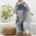 Grey Gold Liquid Marble Print Silk V-Neck Kaftan Dress