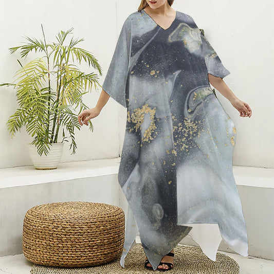 Grey Gold Liquid Marble Print Silk V-Neck Kaftan Dress