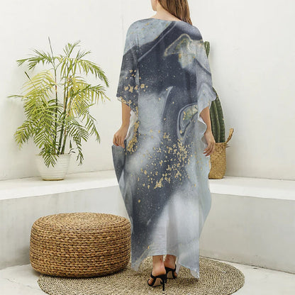 Grey Gold Liquid Marble Print Silk V-Neck Kaftan Dress