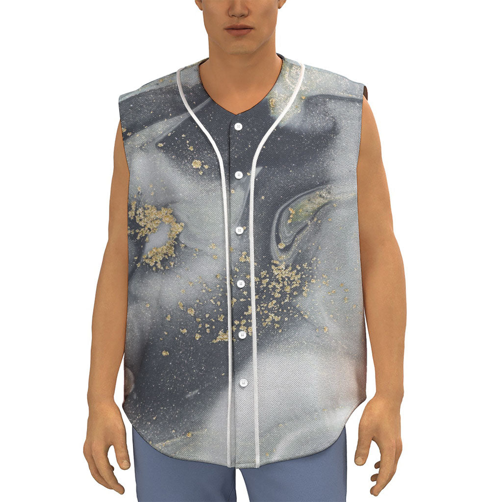 Grey Gold Liquid Marble Print Sleeveless Baseball Jersey