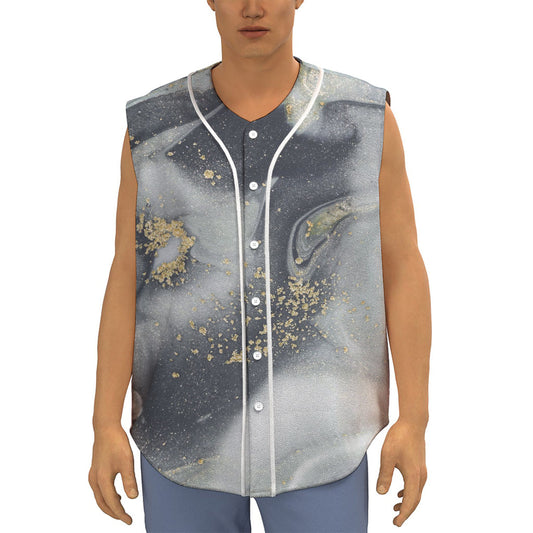 Grey Gold Liquid Marble Print Sleeveless Baseball Jersey