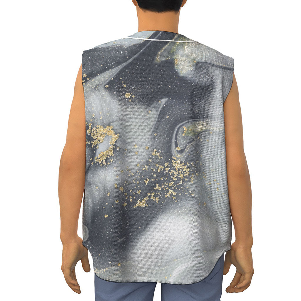 Grey Gold Liquid Marble Print Sleeveless Baseball Jersey