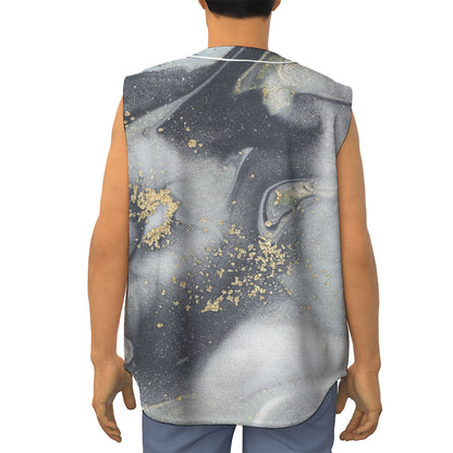 Grey Gold Liquid Marble Print Sleeveless Baseball Jersey