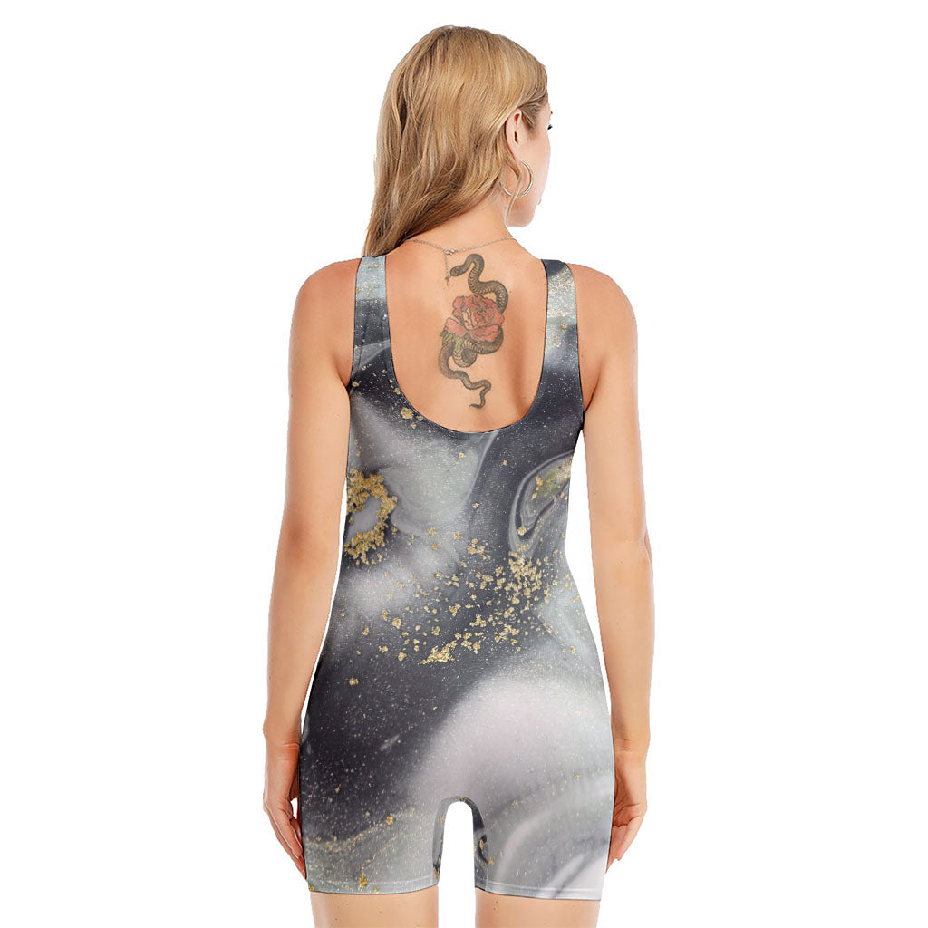 Grey Gold Liquid Marble Print Sleeveless One Piece Swimsuit