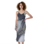 Grey Gold Liquid Marble Print Slim Fit Midi Cami Dress