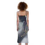 Grey Gold Liquid Marble Print Slim Fit Midi Cami Dress