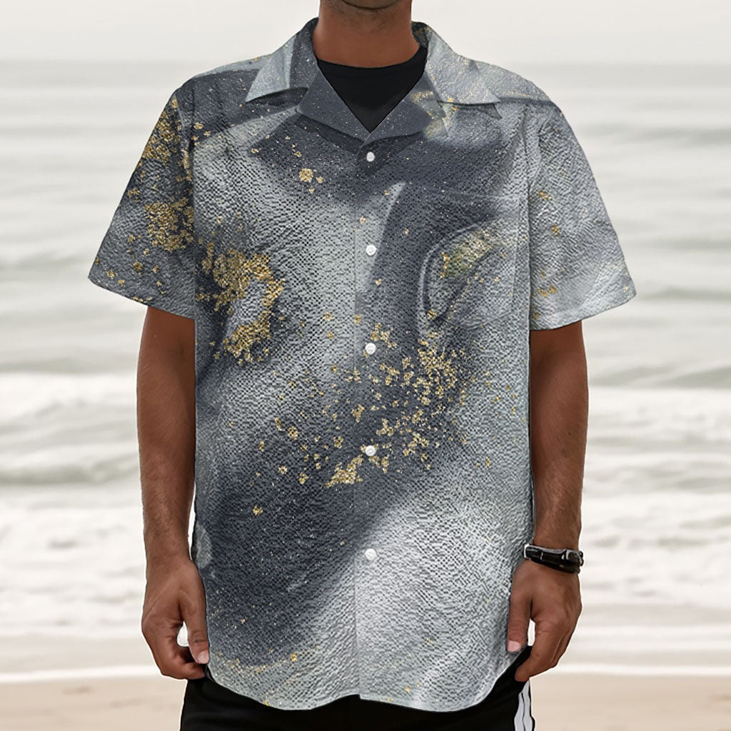 Grey Gold Liquid Marble Print Textured Short Sleeve Shirt