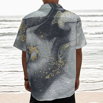 Grey Gold Liquid Marble Print Textured Short Sleeve Shirt