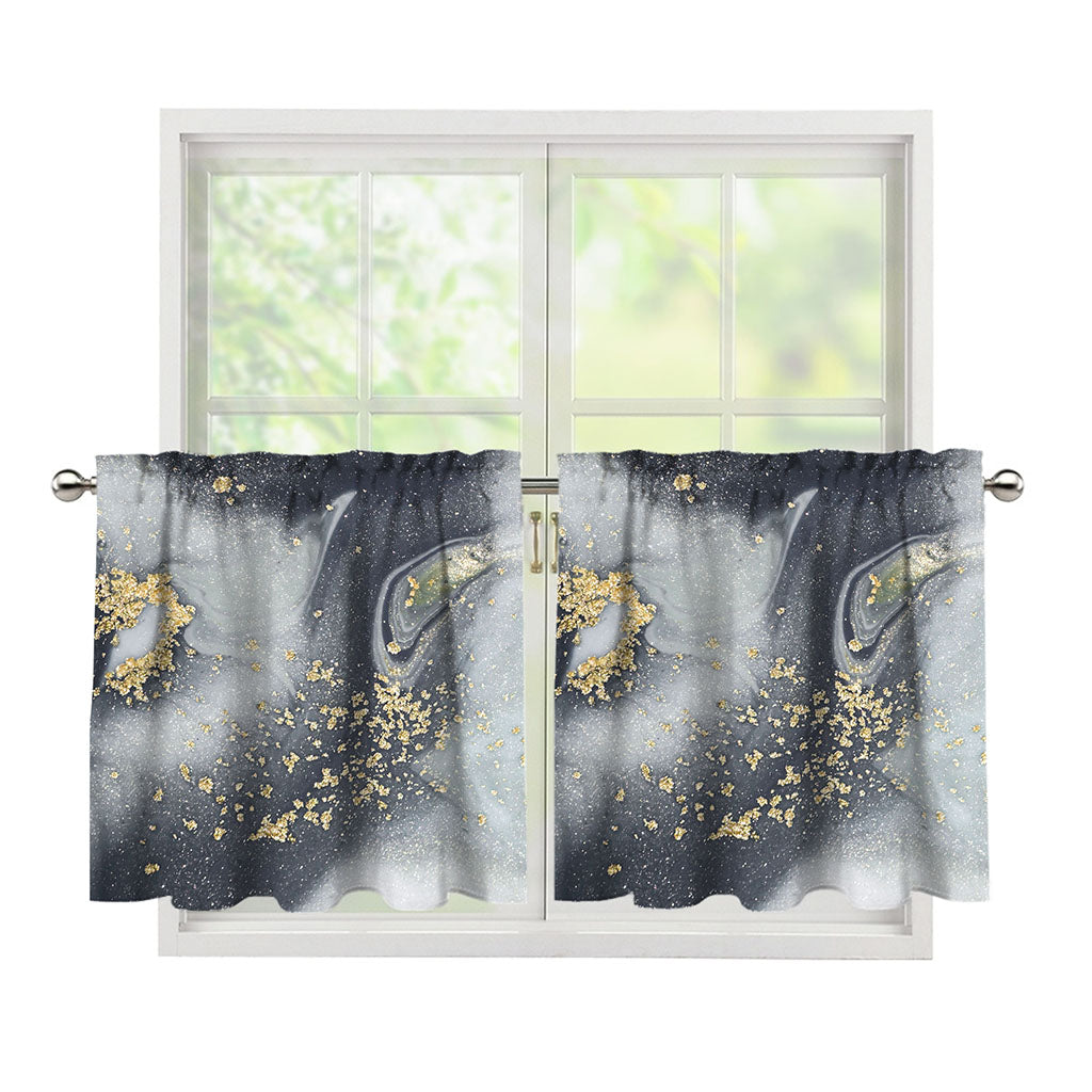 Grey Gold Liquid Marble Print Tier Curtains