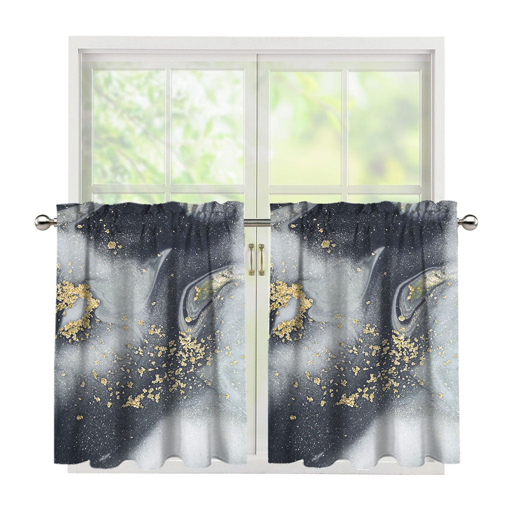 Grey Gold Liquid Marble Print Tier Curtains