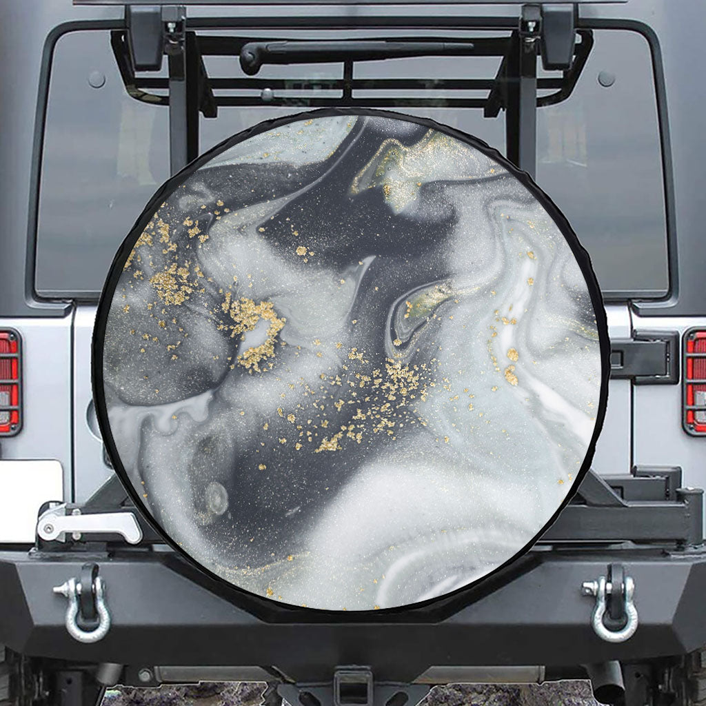 Grey Gold Liquid Marble Print Tire Cover