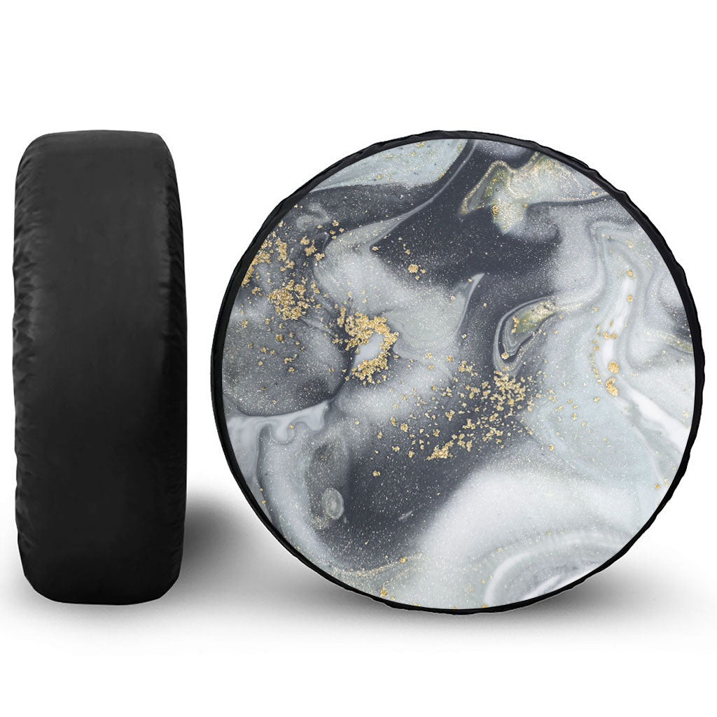 Grey Gold Liquid Marble Print Tire Cover