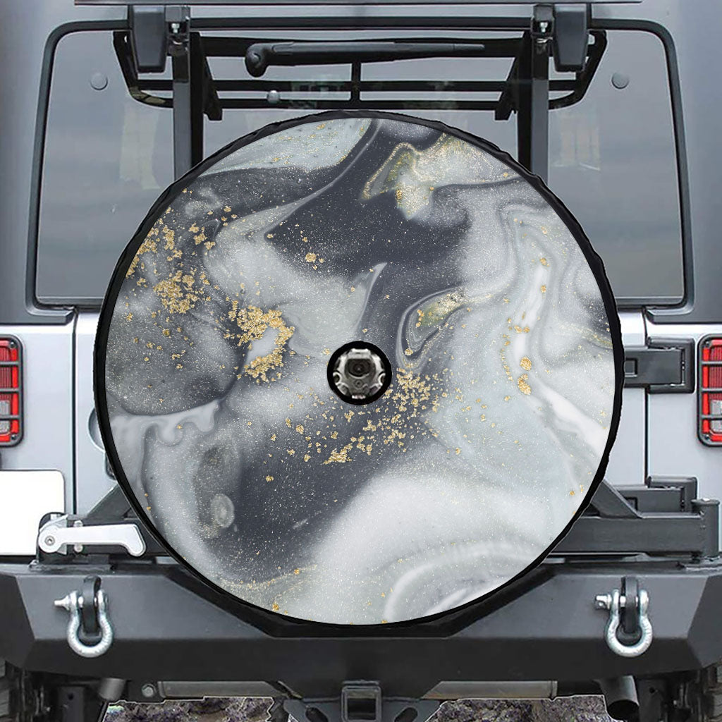 Grey Gold Liquid Marble Print Tire Cover With Camera Hole
