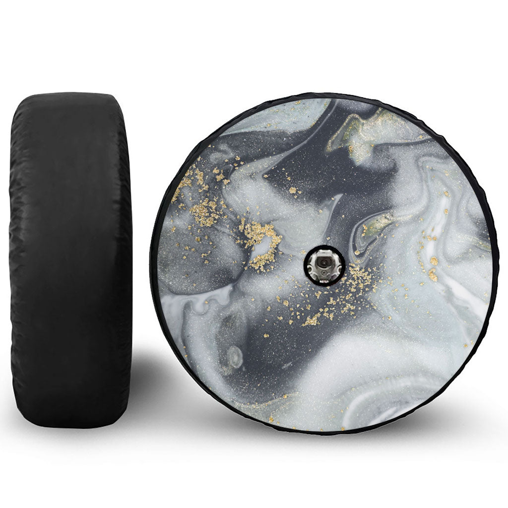 Grey Gold Liquid Marble Print Tire Cover With Camera Hole