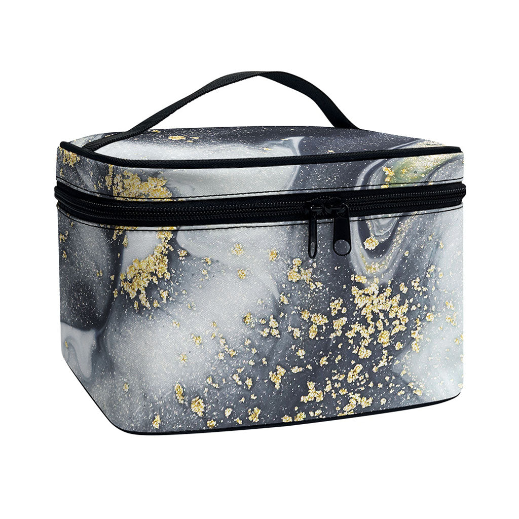 Grey Gold Liquid Marble Print Travel Makeup Bag