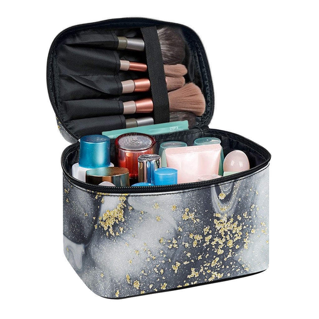Grey Gold Liquid Marble Print Travel Makeup Bag