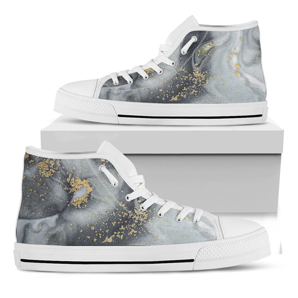 Grey Gold Liquid Marble Print White High Top Sneakers