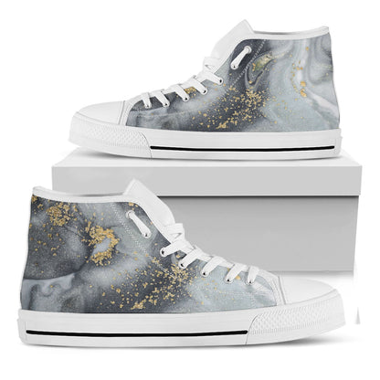 Grey Gold Liquid Marble Print White High Top Sneakers